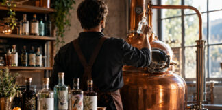 Gründer in einer Gin-Destillerie hebt ein Glas am Brennkessel, daneben stehen Ginflaschen im Licht