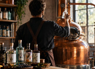 Top 10 Gin Startups Gründer in einer Gin-Destillerie hebt ein Glas am Brennkessel, daneben stehen Ginflaschen im Licht