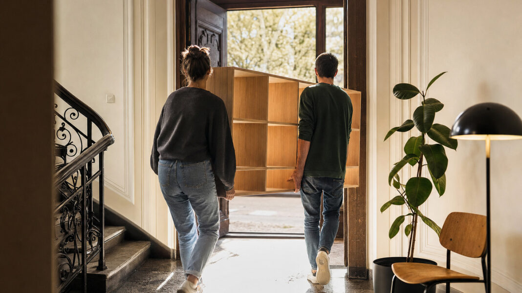 Zwei Gründer tragen eine Holzregalwand in einen hellen Altbau, daneben stehen Stuhl, Pflanze und Lampe.
