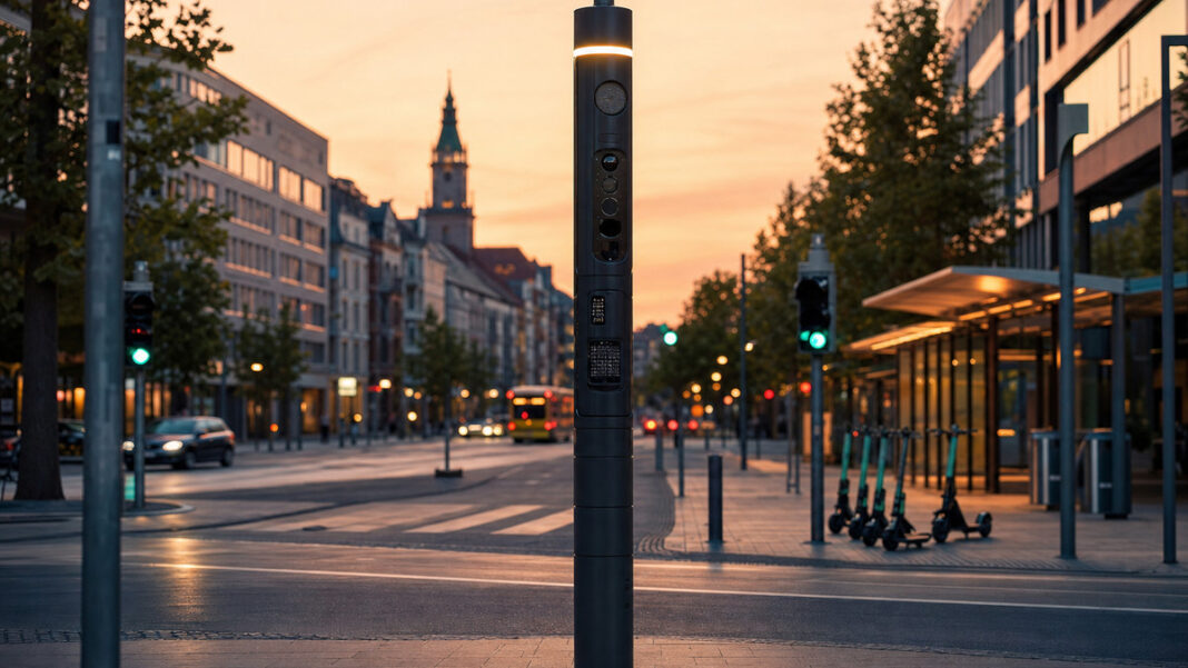 Smart City Kreuzung Sensor-Säule an einer smarten Straßenkreuzung in einer deutschen Innenstadt bei Abendlicht