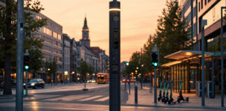 Sensor-Säule an einer smarten Straßenkreuzung in einer deutschen Innenstadt bei Abendlicht