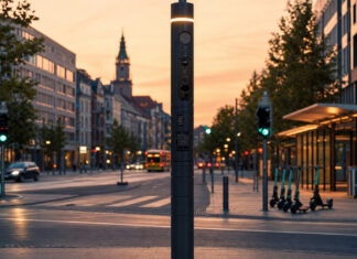 Startup News KW 40 | Deutschlands smarteste Städte Sensor-Säule an einer smarten Straßenkreuzung in einer deutschen Innenstadt bei Abendlicht