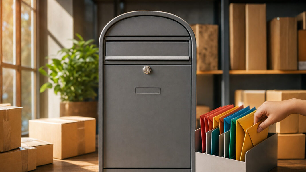Metallbriefkasten in einer Paketannahmestelle, Hand sortiert farbige Umschläge in Fächer