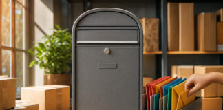 Metallbriefkasten in einer Paketannahmestelle, Hand sortiert farbige Umschläge in Fächer