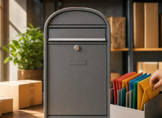 5 E-Mail Marketing Tools im Check Metallbriefkasten in einer Paketannahmestelle, Hand sortiert farbige Umschläge in Fächer