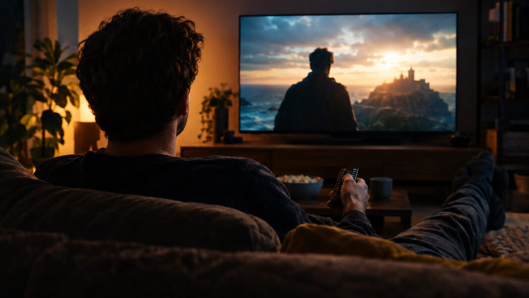 Serienabend im Wohnzimmer Person von hinten im Wohnzimmer vor laufendem Fernseher mit Fernbedienung in der Hand