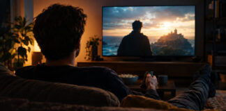 Person von hinten im Wohnzimmer vor laufendem Fernseher mit Fernbedienung in der Hand
