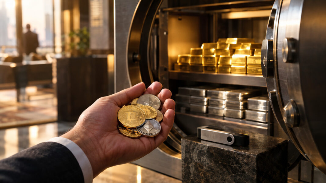 Hand mit Münzen neben offenem Tresor, Barren und Hardware-Wallet im warmen Seitenlicht