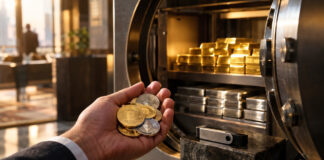 Hand mit Münzen neben offenem Tresor, Barren und Hardware-Wallet im warmen Seitenlicht