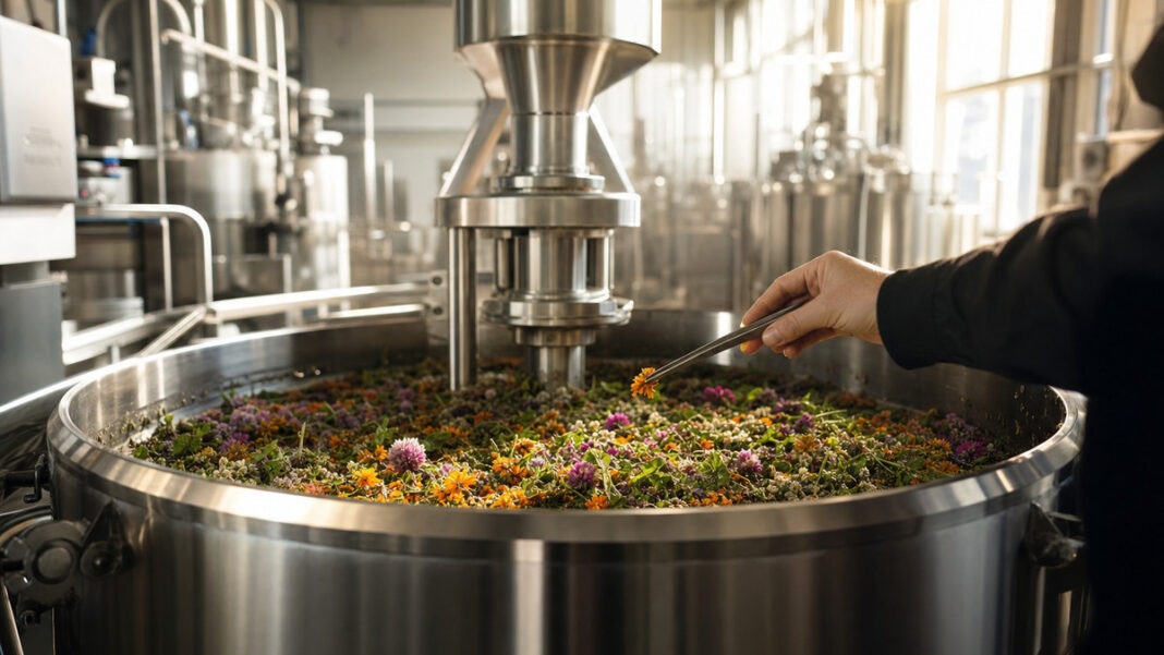 Food-Tech Startup Manufaktur Edelstahl-Rührkessel in einer Manufaktur, eine Hand entnimmt Pflanzenzutaten bei Tageslicht.