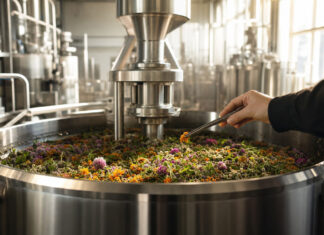 Die Top 5 Food-Tech Startups in Deutschland Edelstahl-Rührkessel in einer Manufaktur, eine Hand entnimmt Pflanzenzutaten bei Tageslicht.