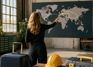 Fachkräftemangel – Internationale Talente gesucht Koffer, Helm und Werkzeugkoffer vor einer Weltkarte in einem Berliner Industrie-Raum