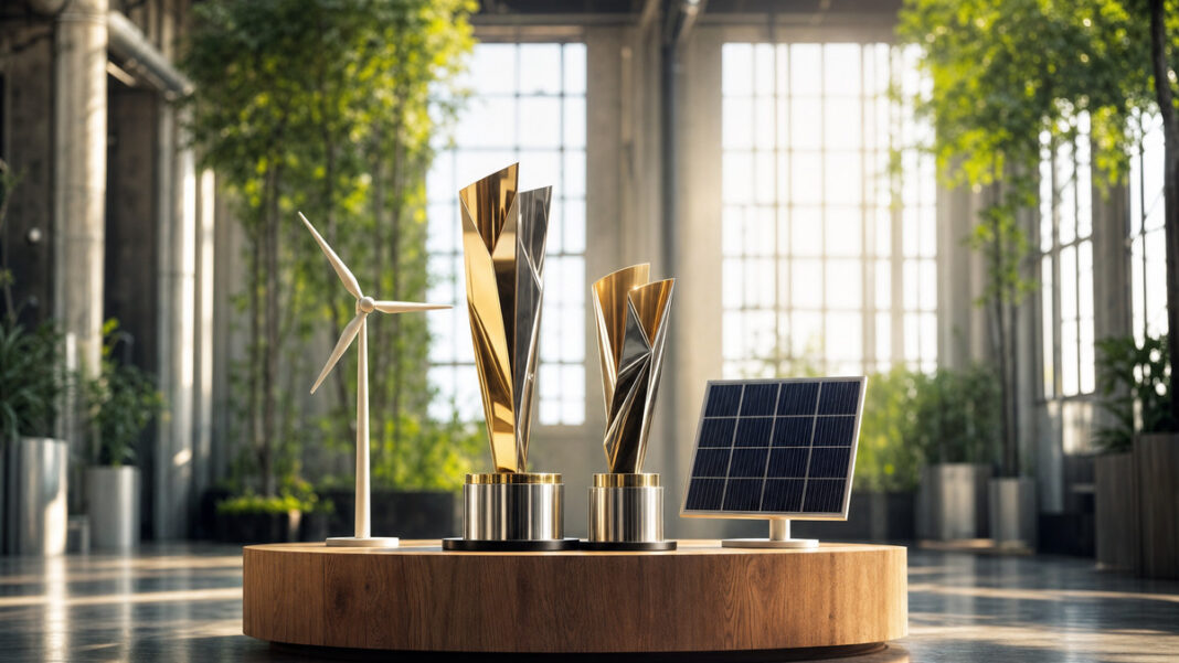 EnergyTech Awards Trophäen Trophäen, Windturbine und Solarmodul auf einem Podest in einer hellen Industriehalle