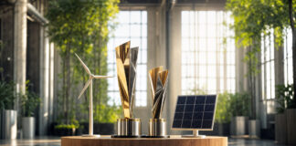 Trophäen, Windturbine und Solarmodul auf einem Podest in einer hellen Industriehalle
