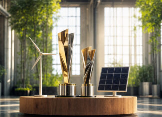 Startup News KW 46 | Gewinner Global EnergyTech Awards 2021 Trophäen, Windturbine und Solarmodul auf einem Podest in einer hellen Industriehalle