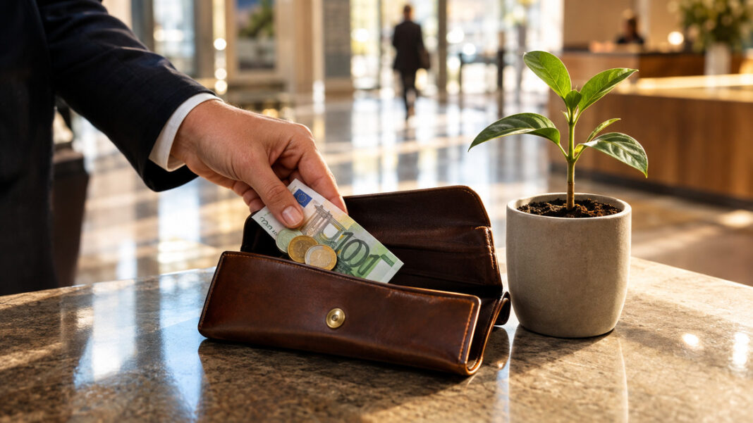 Hand legt Geld in Ledermappe neben kleinem Setzling im Bankfoyer