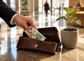 Hand legt Geld in Ledermappe neben kleinem Setzling im Bankfoyer