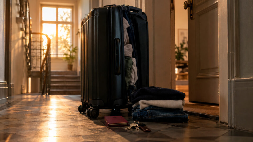 Auswandern: der schwierige Aufbruch Halb gepackter Koffer neben offener Wohnungstür, Reisepass und Schlüssel im warmen Abendlicht