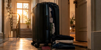 Halb gepackter Koffer neben offener Wohnungstür, Reisepass und Schlüssel im warmen Abendlicht