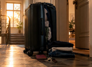 Halb gepackter Koffer neben offener Wohnungstür, Reisepass und Schlüssel im warmen Abendlicht