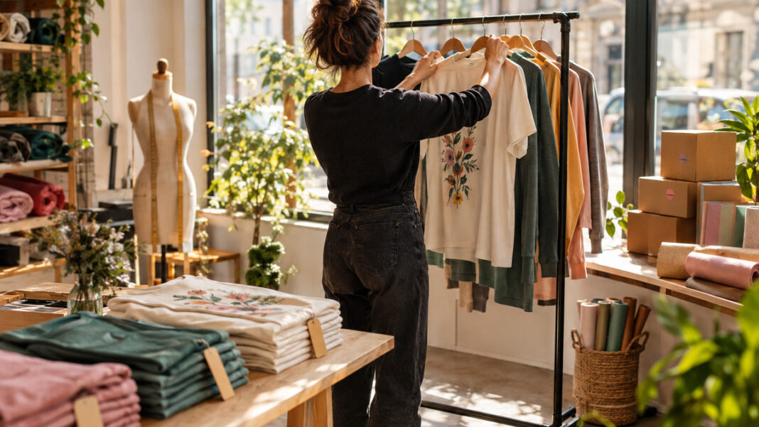 Mode-Startup Kleidung vermarkten Gründerin hängt ein bedrucktes Kleidungsstück an eine Kleiderstange in heller Modewerkstatt