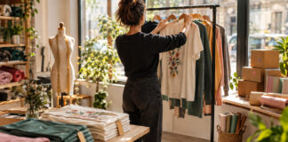 Gründerin hängt ein bedrucktes Kleidungsstück an eine Kleiderstange in heller Modewerkstatt