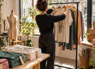 Gründerin hängt ein bedrucktes Kleidungsstück an eine Kleiderstange in heller Modewerkstatt