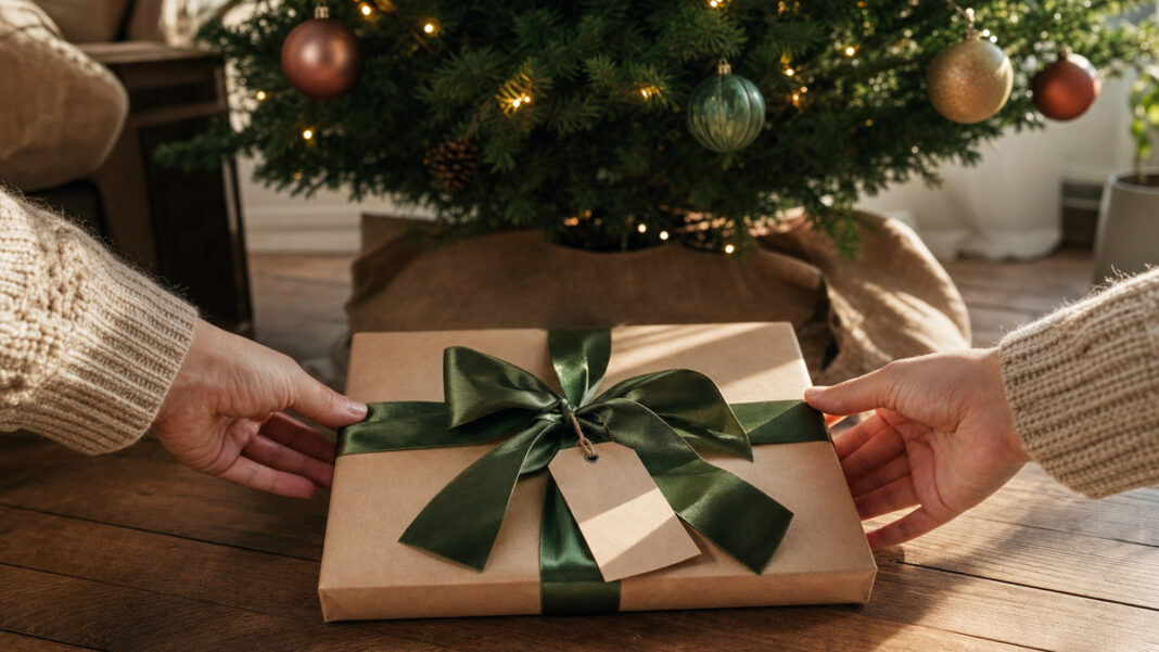 Weihnachtsgeschenk unter einem Baum, Hände schieben das Paket beiseite
