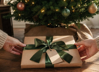 Weihnachtsgeschenk unter einem Baum, Hände schieben das Paket beiseite