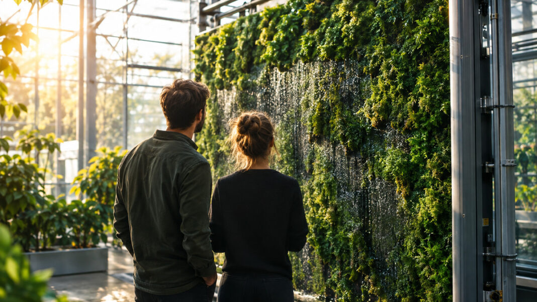 Gründerpaar vor einer Moosfilter-Wand in einem Gewächshaus, mit feinem Wasserfluss im Tageslicht