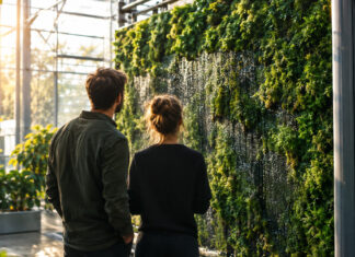 Gründerpaar vor einer Moosfilter-Wand in einem Gewächshaus, mit feinem Wasserfluss im Tageslicht