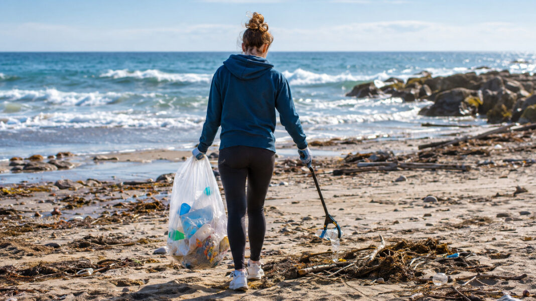 Plastik sammeln am Strand Person sammelt Plastik am Strand in einen transparenten Beutel, Meer im Hintergrund