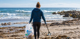 Person sammelt Plastik am Strand in einen transparenten Beutel, Meer im Hintergrund