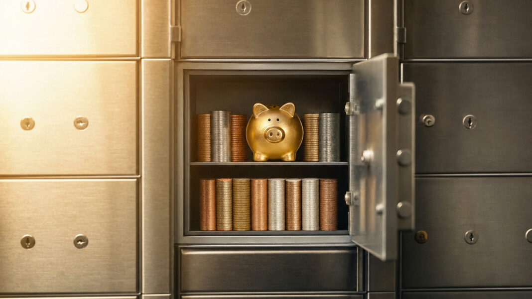 Festgeld im Tresorraum Offenes Schließfach im Tresorraum mit Münzrollen und Sparschwein im warmen Licht