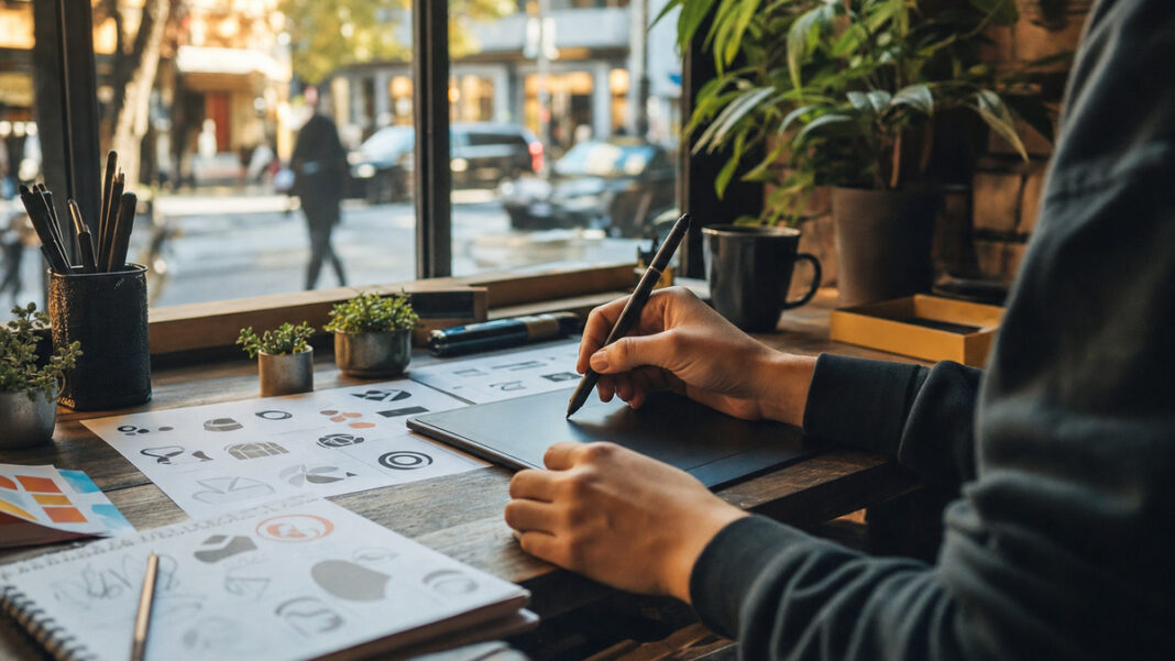 Freelancer mit Grafiktablett an einem Kreativ-Setup am Fenster, im Hintergrund eine Stadtstraße