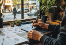 Wie funktioniert Fiverr? Ein Freelancer teilt seine Erfahrungen Freelancer mit Grafiktablett an einem Kreativ-Setup am Fenster, im Hintergrund eine Stadtstraße