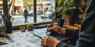 Freelancer mit Grafiktablett an einem Kreativ-Setup am Fenster, im Hintergrund eine Stadtstraße
