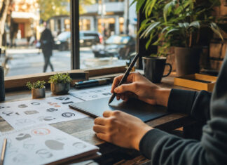 Freelancer mit Grafiktablett an einem Kreativ-Setup am Fenster, im Hintergrund eine Stadtstraße