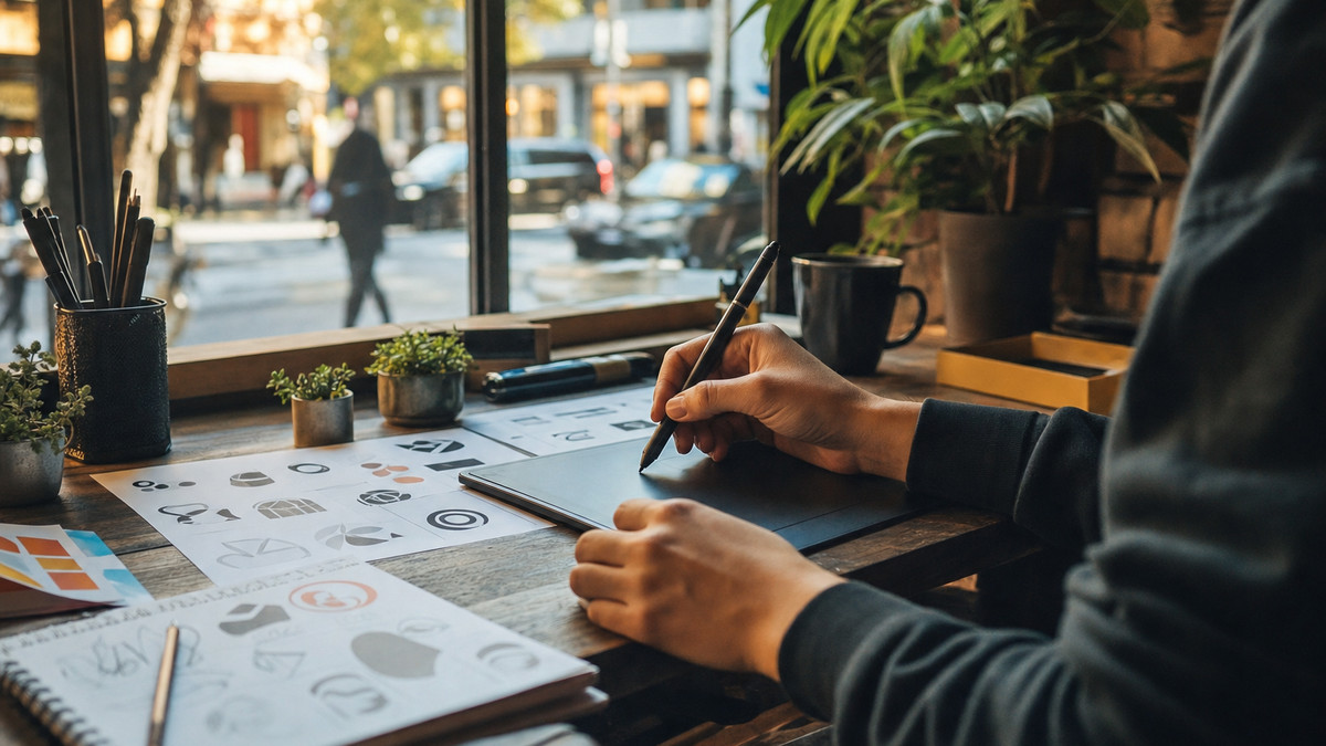 Wie funktioniert Fiverr? Ein Freelancer teilt seine Erfahrungen Freelancer mit Grafiktablett an einem Kreativ-Setup am Fenster, im Hintergrund eine Stadtstraße