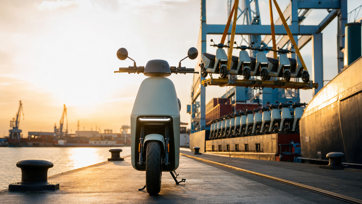 Startup News KW 09/22 | TIER Mobility expandiert nach Nordamerika Elektroroller werden im Hafen auf ein Frachtschiff verladen
