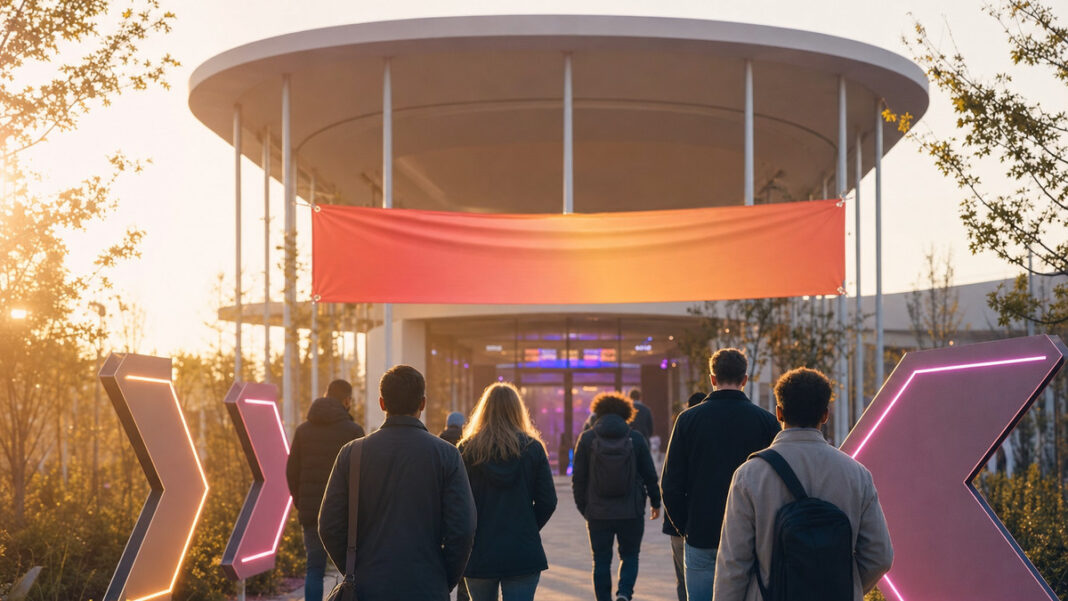 Menschen gehen auf einen Konferenzpavillon auf dem Campus zu, im warmen Morgenlicht.