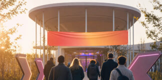 Menschen gehen auf einen Konferenzpavillon auf dem Campus zu, im warmen Morgenlicht.