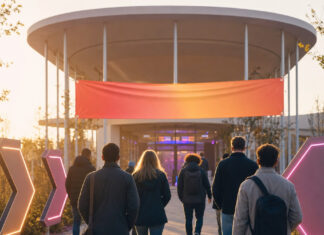 Menschen gehen auf einen Konferenzpavillon auf dem Campus zu, im warmen Morgenlicht.