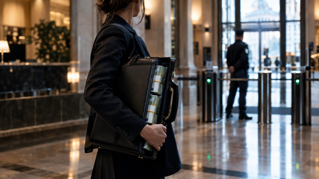 Gründerin im Bankfoyer mit Aktenkoffer voller Bargeld, Sicherheitsbereich im Hintergrund