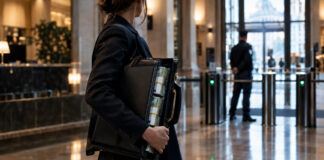Gründerin im Bankfoyer mit Aktenkoffer voller Bargeld, Sicherheitsbereich im Hintergrund