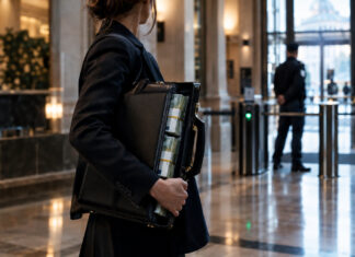 Anti „Fiuymi“ Gesetz im deutschen Bundestag beschlossen – Gründerszene empört Gründerin im Bankfoyer mit Aktenkoffer voller Bargeld, Sicherheitsbereich im Hintergrund