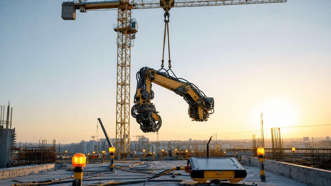 Autonomer Baggerarm auf einer modernen Baustelle bei Morgenlicht