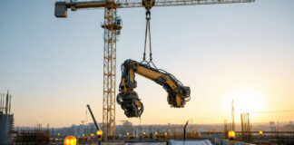 Autonomer Baggerarm auf einer modernen Baustelle bei Morgenlicht