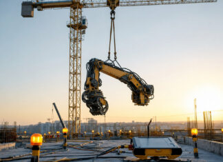 Die intelligente Baustelle von morgen – Gründergespräch mit Co-Founder Benedict Aicher von Flexcavo Autonomer Baggerarm auf einer modernen Baustelle bei Morgenlicht
