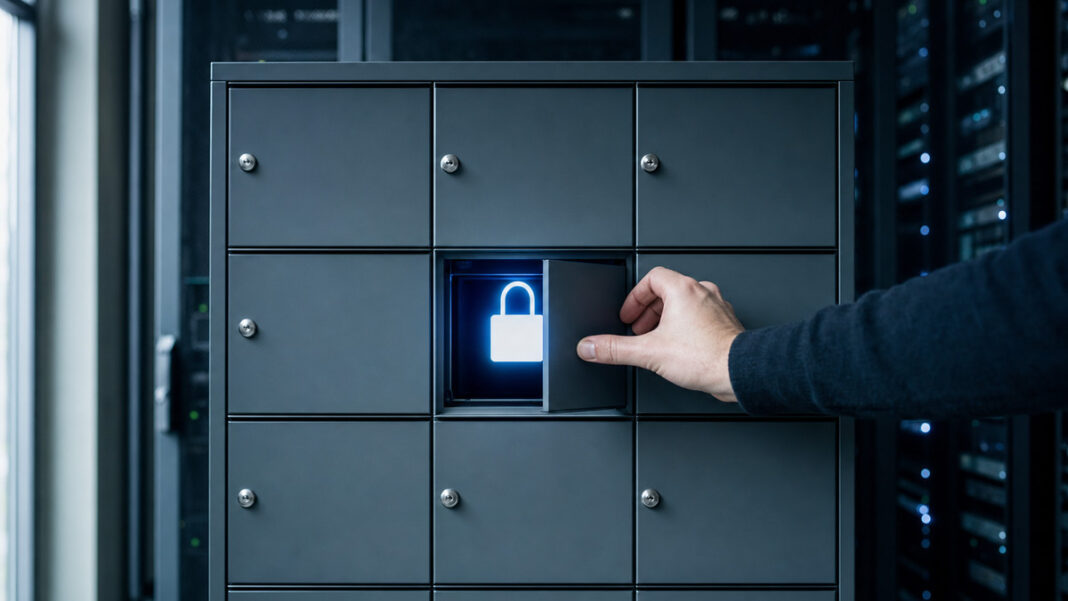 Datenschutz im Serverraum Schließfachschrank im Serverraum, eine Hand schließt ein Fach mit Vorhängeschloss